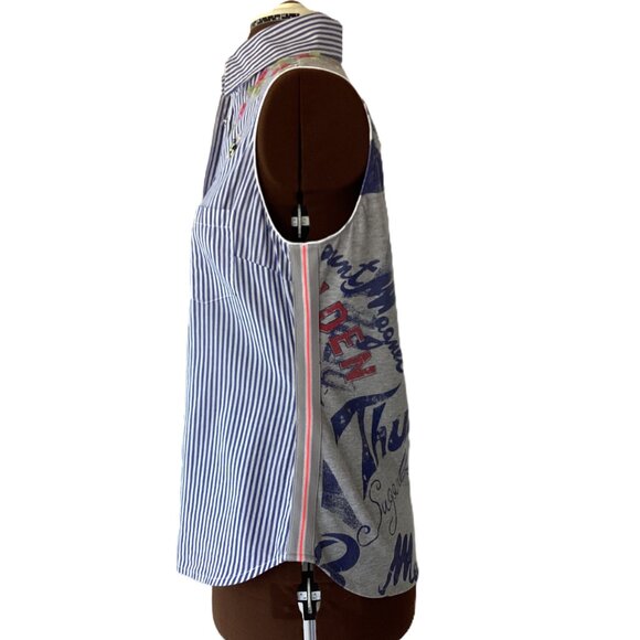 Fornarina Stiped Sleeveless Button Front with Beaded Appliques - Picture 5 of 9